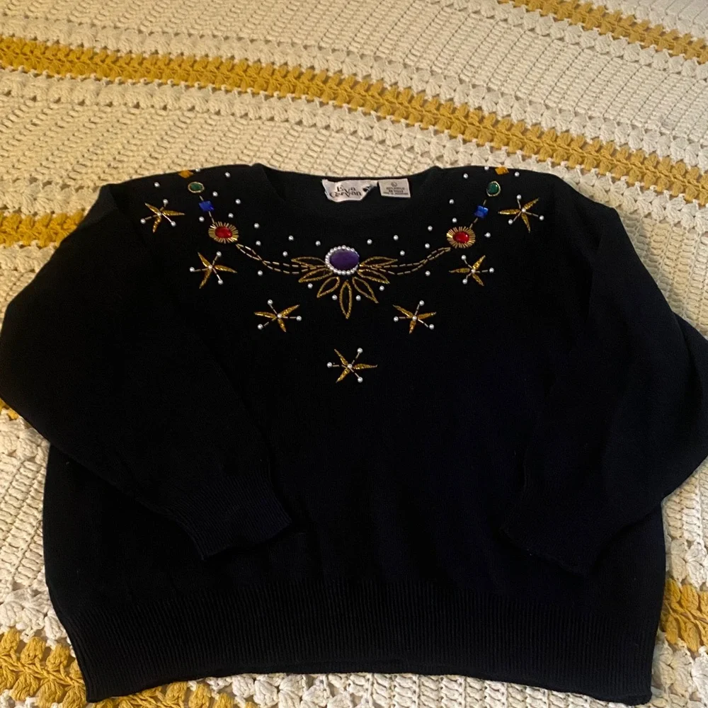 Vintage 80s - Eva Cervantes Embellished Black Women's Sweater with Gem Accents